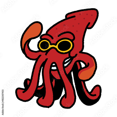 Cool red cartoon squid with shades, ready for summer adventures, beach vibes, marine life fun, ocean mascot, perfect for t-shirt designs and playful branding