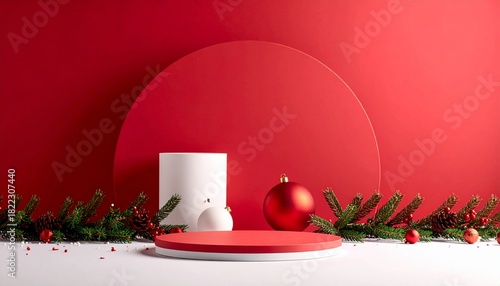 christmast background one colour and little decoration and podium. minimalist style