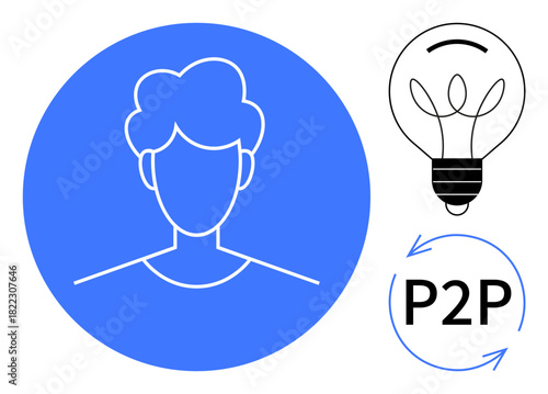 Minimalist user profile icon in blue circle, lightbulb indicating ideas, P2P arrows for peer sharing. Ideal for teamwork, collaboration, networking, creativity, idea exchange, innovation simple flat