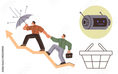 Two individuals climbing an upward arrow, conveying progress with teamwork and protection, alongside a robot face and shopping basket. Ideal for business, technology, success, ecommerce, teamwork, AI