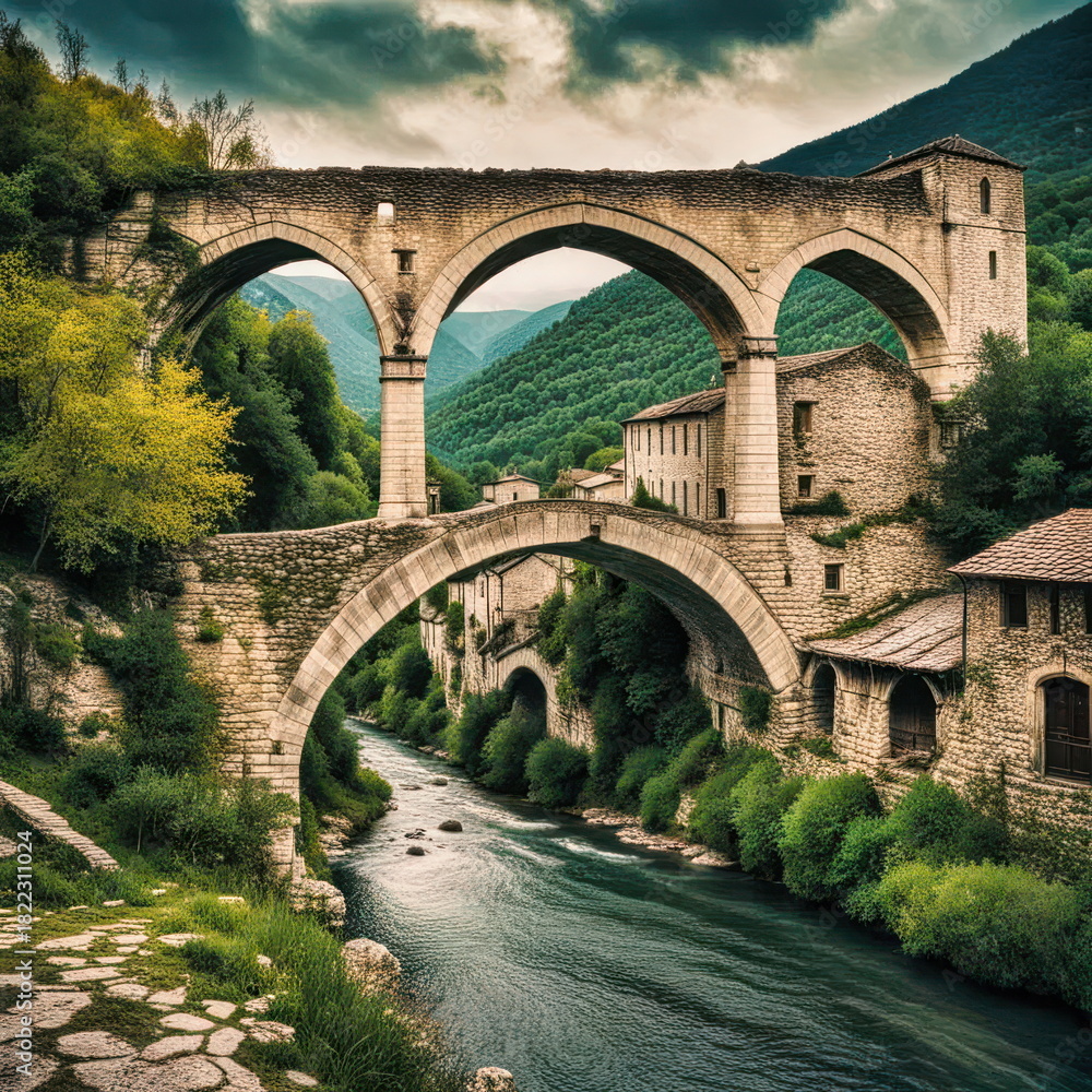 Fototapeta premium Two-Level Stone Bridge in a Greek Mountain Village