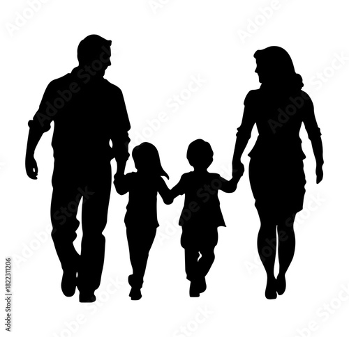 Family silhouette walking happily together hand in hand, parents with children enjoying a stroll, symbolizing togetherness and love, perfect for family-oriented marketing