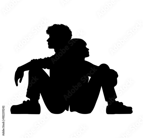 Intimate silhouette of a young couple sitting back to back, sharing a quiet moment together perhaps experiencing connection, closeness, support, or maybe even relationship challenges
