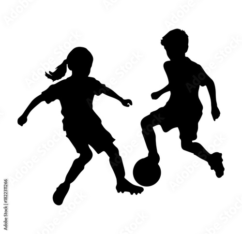 Dynamic action of kids playing soccer, youth sports concept, great for team spirit posters, school event graphics, summer camp flyers and promotional material