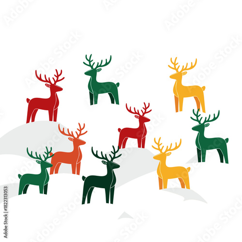 Colorful reindeer figurines on snow in a festive winter scene, background, print, pattern, isolated, vector  