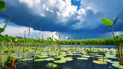 Scenic Lake with Lily Pads Under Stormy Sky