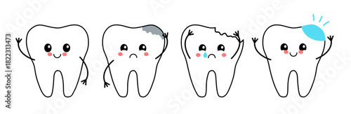 Cute cartoon illustration of teeth showing dental health stages, from healthy to decayed, with smiling and sad expressions. Perfect for dental care and education