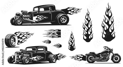 Silhouettes. Vintage hot rods and flames. Vector illustration, transparent background SVG version.