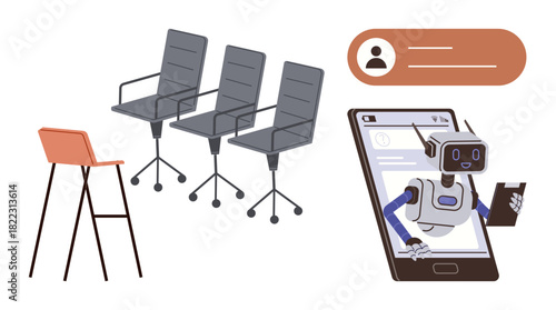 Robot emerging from smartphone with tablet, three office chairs, and communication interface. Ideal for AI, automation, teamwork, remote work, chatbots, workplace tech modern solutions simple flat