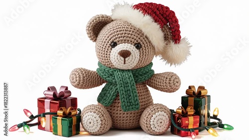 A crocheted bear. Santa's red riding hood is on the bear, he's sitting with his arms outstretched. The bear is surrounded by colorful Christmas lights and beautifully wrapped gift boxes.