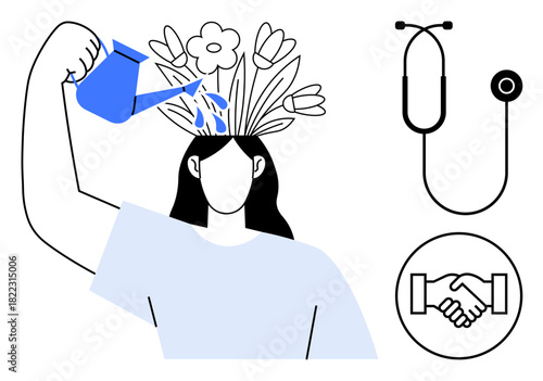 Mental health concept. Mental health ed by growth symbolism with a head watering flowers. Mental health with stethoscope and handshake for support and collaboration, therapy, healthcare, well-being