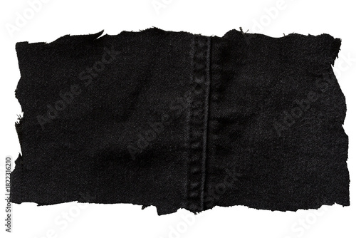 Torn black denim patch with central seam and frayed edges on transparent background for fashion texture or mockup