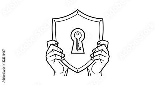 Hands holding a shield with a keyhole and key symbolizing security and protection