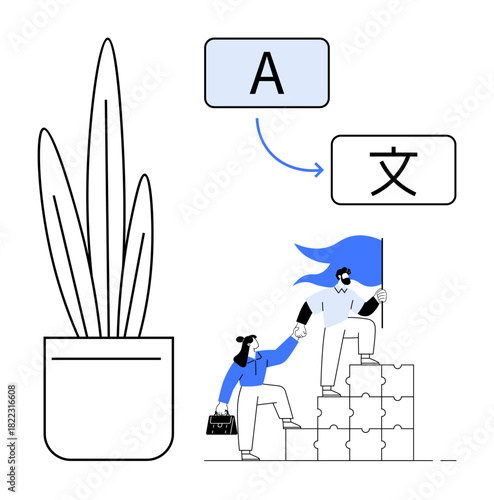 Colleagues collaborate to overcome challenges, climb stacked puzzle blocks, and achieve goals via language translation. Ideal for teamwork, leadership, education, problem-solving, globalization