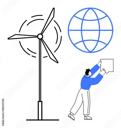 Renewable energy concept. Renewable energy ed by wind turbine, global symbol, and person promoting sustainability. Renewable energy reduces reliance on fossil fuels. Perfect for green technology
