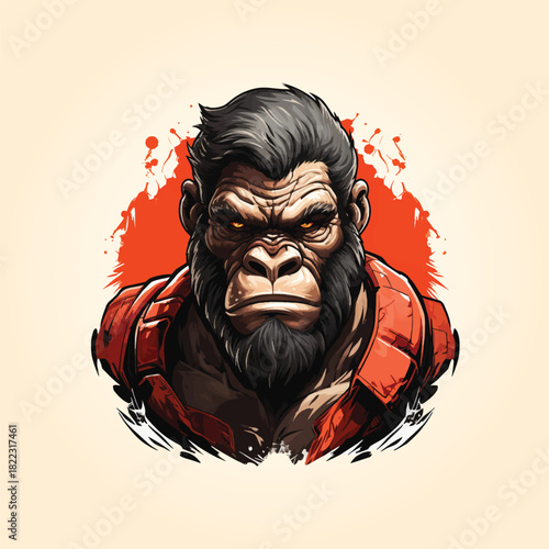 Intense Red Jacket Gorilla Mascot Vector, Fierce Ape Head Portrait, Aggressive Esports Gaming Logo Illustration