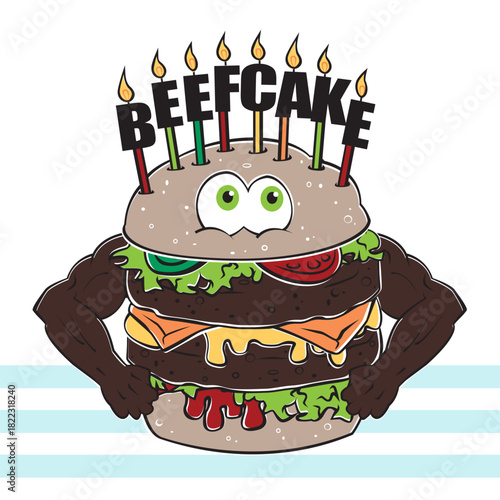 Large muscled hamburger character vector illustration with beefcake candles, burger toppers and a silly face on a white background. Apparel graphic artwork.