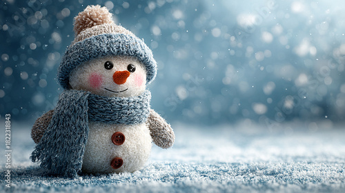 Snowman in a blue hat and scarf on a snowy winter day