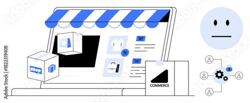 E-commerce laptop with storefront, products, cart, security icons, and delivery box. Ideal for online shopping, retail, technology digital business marketing logistics secure transactions. Clean