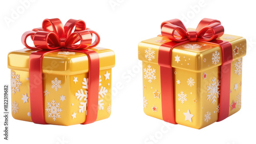 Golden yellow Christmas gift box with bold red ribbon in glossy cute cartoon style, featuring rich festive details perfect for warm and cheerful holiday design themes. gift box illustration