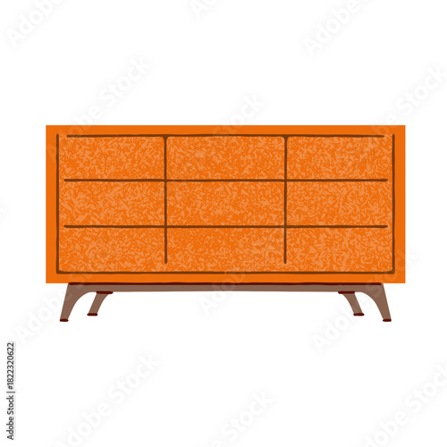 Retro orange mid-century modern dresser offers stylish storage solutions, perfect for home decor projects, interior design, and adding vintage charm to your living space