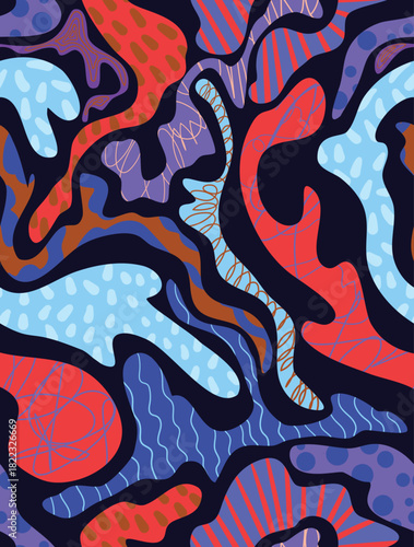 Abstract colorful organic shapes seamless vector pattern with bold modern decorative elements