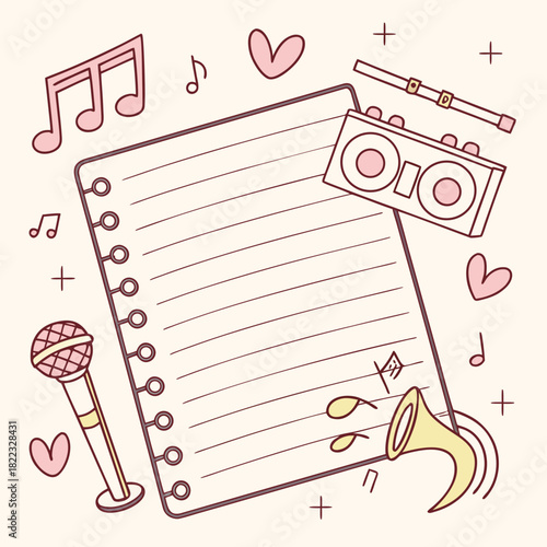 A cute, cartoonish music notebook page with hand-drawn notes and creative doodle elements.