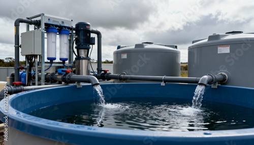 Medium frame showing a filtration system linked to rainwater storage tanks under cloudy weather highlighting water reuse efficiency.