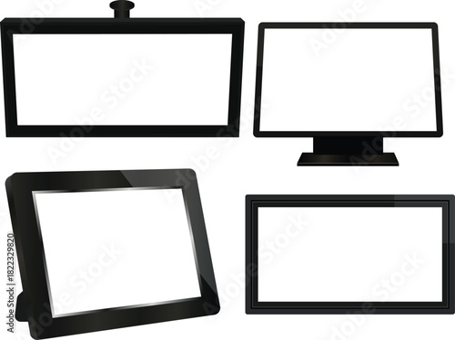 Modern black monitor and digital display screen mockup set vector illustration with clean glossy frame and white empty placeholder