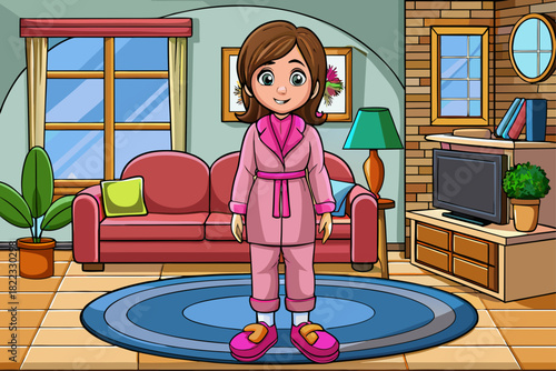 vector of A woman standing comfortably at home wearing cozy slippers, calm home lifestyle scene, soft and warm interior, everyday comfort fashion and calm modern home environment illustration concept.