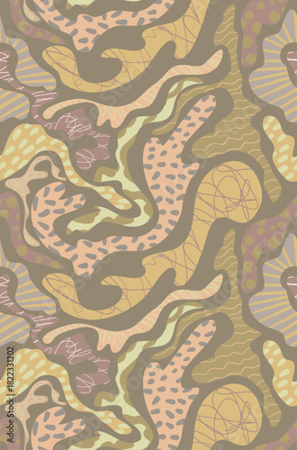 Abstract earthtone organic shapes vector seamless pattern with soft muted modern design elements