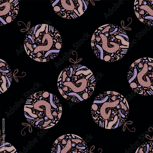 A seamless pattern featuring stylized Christmas balls in bright colors. It conveys festive cheer and playful holiday spirit.