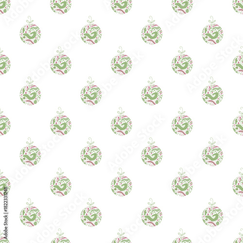 A seamless pattern featuring stylized Christmas balls in bright colors. It conveys festive cheer and playful holiday spirit.