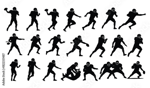 American football player silhouettes collection in action poses, isolated graphics Vector