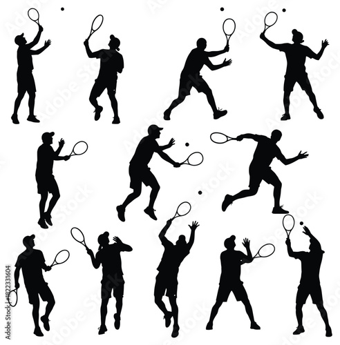 Dynamic tennis player silhouettes in various action poses, sport game vector illustration Vector