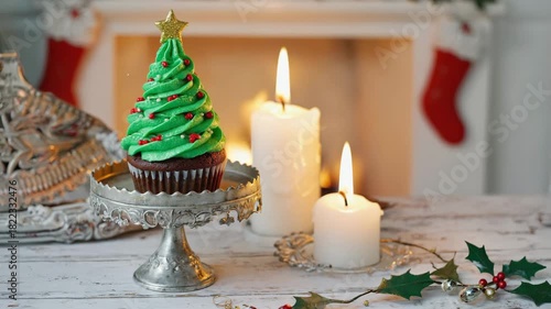 Christmas Cupcake Tree with Burning Candles
