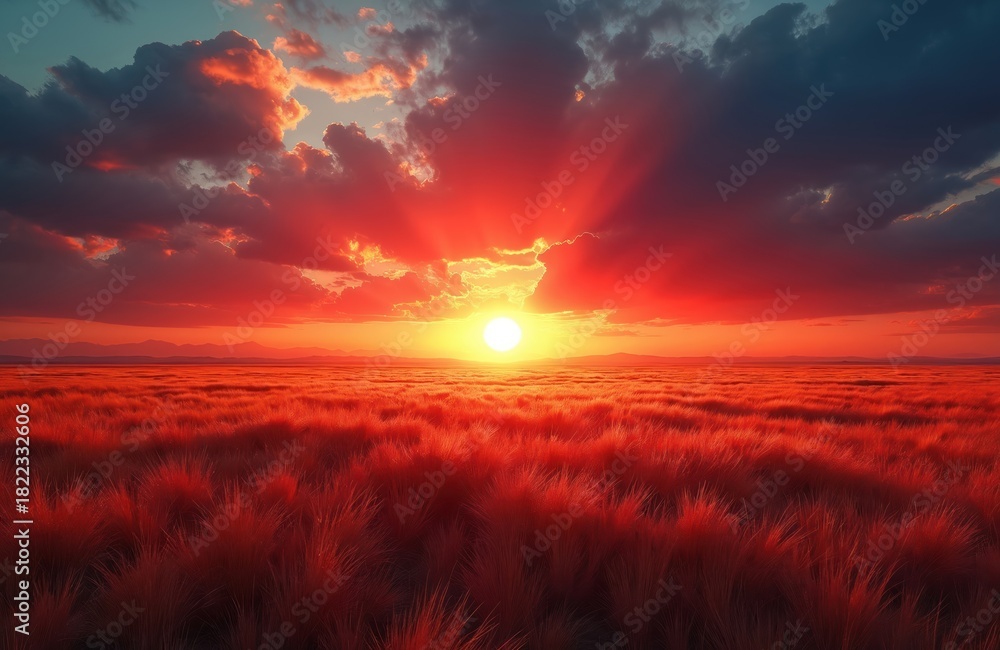 Fototapeta premium Stunning sunset sky with vibrant red and orange tones illuminates the field. Sunlight breaks through the clouds. Nature landscape image creates peaceful feeling.