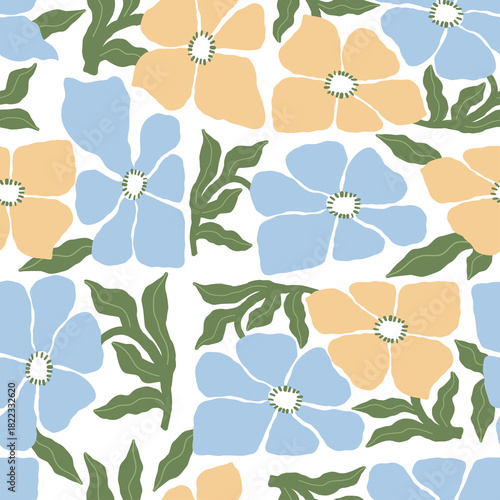 Groovy Floral Seamless Pattern with blue yellow Flowers. Folk Organic Ornament Contemporary Aesthetic