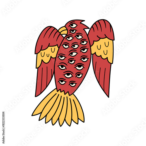 Mystical red bird with many eyes, a symbol of clairvoyance and perception, perfect for fantasy artwork, occult design, or unique spiritual concepts