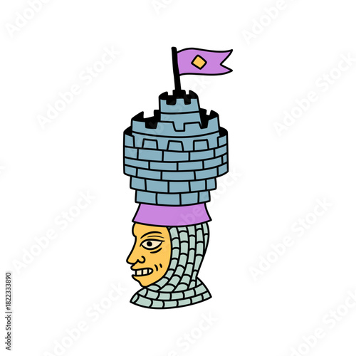 Whimsical character design with a castle on its head, perfect for fantasy projects, storybooks, and creative campaigns, a truly unique and engaging visual element