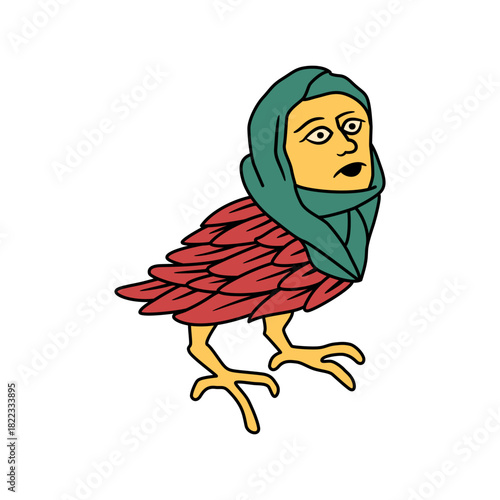 Medieval manuscript style harpy with human face and bird body, a unique symbol blending mythology and history, perfect for fantasy art and historical designs