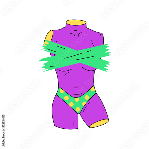 Bold mannequin in trendy polka dot swimsuit and green tape for edgy fashion statement, embodying individuality and confidence, perfect for unique design concepts