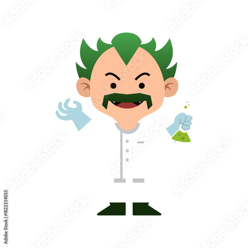 Whimsical cartoon scientist concocting colorful potion, perfect for science education materials, playful design concept, or quirky character illustration projects