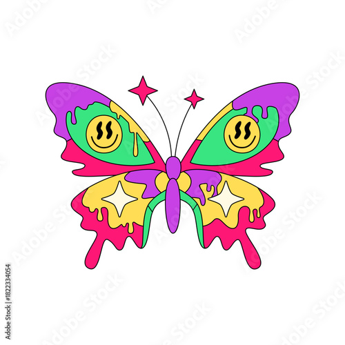Groovy butterfly with melting psychedelic vibes, perfect for retro designs, music festival flyers, and vibrant apparel, embodying a fun, carefree spirit