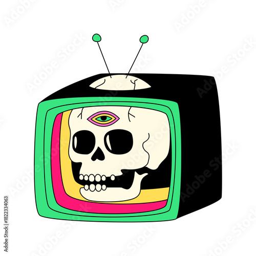 Groovy retro skull on television with third eye design, perfect for counterculture apparel or edgy design projects, bold and colorful, vintage style, perfect for alternative brands