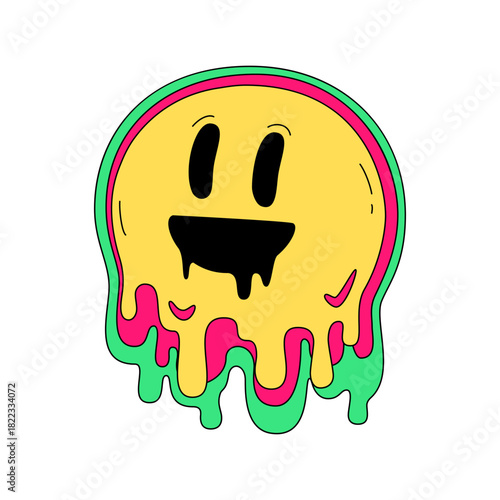 Groovy melting smile face dripping with playful energy, a vibrant retro design that evokes happiness and carefree vibes perfect for posters and funky merchandise