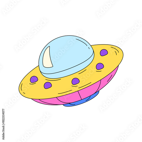 Vibrant cartoon UFO with eye-catching colors for kids' designs, playful illustrations, and retro space themes, perfect for stickers, apparel, and educational materials