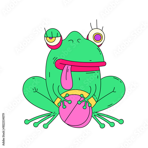 Funny cartoon frog illustration with vibrant colors, perfect for children's books, whimsical designs, and playful marketing materials needing a touch of quirky charm