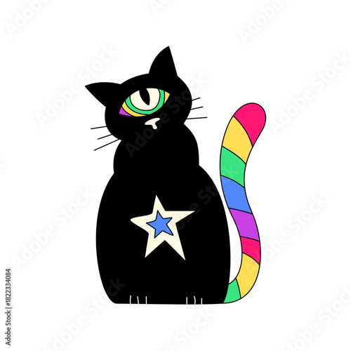 Groovy Black Cat with Rainbow Tail and Star Belly, a Funky Feline Friend for Any Occasion, Perfect for Retro Designs, Trendy and Modern, Quirky and Playful, Add a Touch of Whimsy