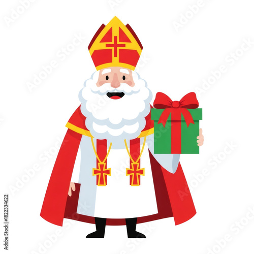 Sinterklaas with gift box, Dutch Saint Nicholas day in Netherlands. Greeting card for holland holiday. Celebration concept for children european party in Saint Nicolas day five december.